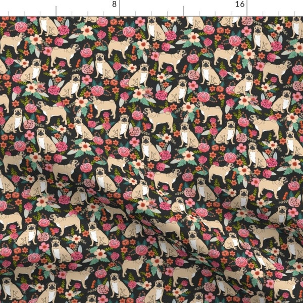 Pug Fabric - Pug Florals Pet Dog Fabric By Petfriendly - Pug and Floral Black Cotton Fabric By The Yard With Spoonflower Fabrics