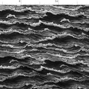 May include: Black and white abstract pattern of wavy lines resembling water waves.