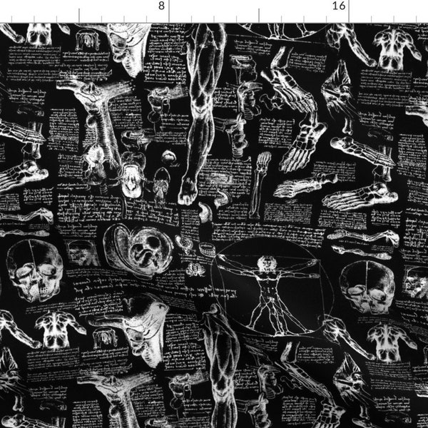 Da Vinci Anatomy Fabric - D Vinci'S Anatomy Sketchbook // Black By Thin Line Textiles - Leonardo Da Vinci Body Fabric With Spoonflower