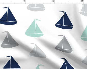 Summer Sailing Fabric - Grey Mint Navy By Graceandcruzdesigns - Summer Nautical Nursery Cotton Fabric By The Yard With Spoonflower