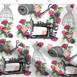 Vintage Sewing Machines Fabric -Vintage Sewing And Roses By 13moons Design- Sewing Machines Roses Cotton Fabric By The Yard With Spoonflower