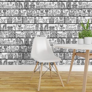 カラーリング壁紙 - Laura May Designs の大型本棚 - Spoonflower のブラックカスタムプリント剥がせる粘着壁紙ロール