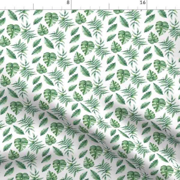 Monstera Fabric - Tropical Leaves Palm Leaf Frawn Banana Water Color On White By Khaus - Green Cotton Fabric By The Yard With Spoonflower