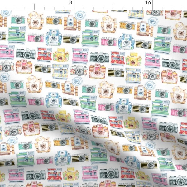 Colorful Watercolor Cameras Fabric - Watercolor Cameras Large Scale By Gypseeart - Cameras Cotton Fabric By The Yard With Spoonflower