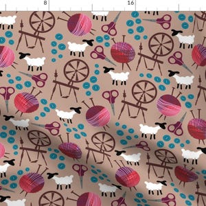 Knitting Fabric - Knit And Spin By Dearchickie- Spinning Wheel Scissor Lamb Buttons Notions Quilt Cotton Fabric By The Yard With Spoonflower