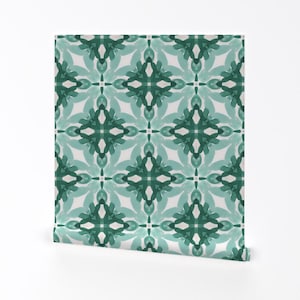 Green Watercolor Tile Wallpaper - Watercolor Green Tile By Mjmstudio - Custom Printed Removable Self Adhesive Wallpaper Roll by Spoonflower