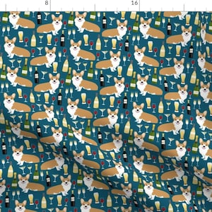 May include: A teal blue fabric with a repeating pattern of corgi dogs, wine bottles, champagne bottles, wine glasses, and beer mugs.