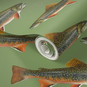 Fish Wallpaper - Brook Trout By Weavingmajor - Vintage Green Cabin Lodge Mountains Removable Self Adhesive Wallpaper Roll by Spoonflower image 3