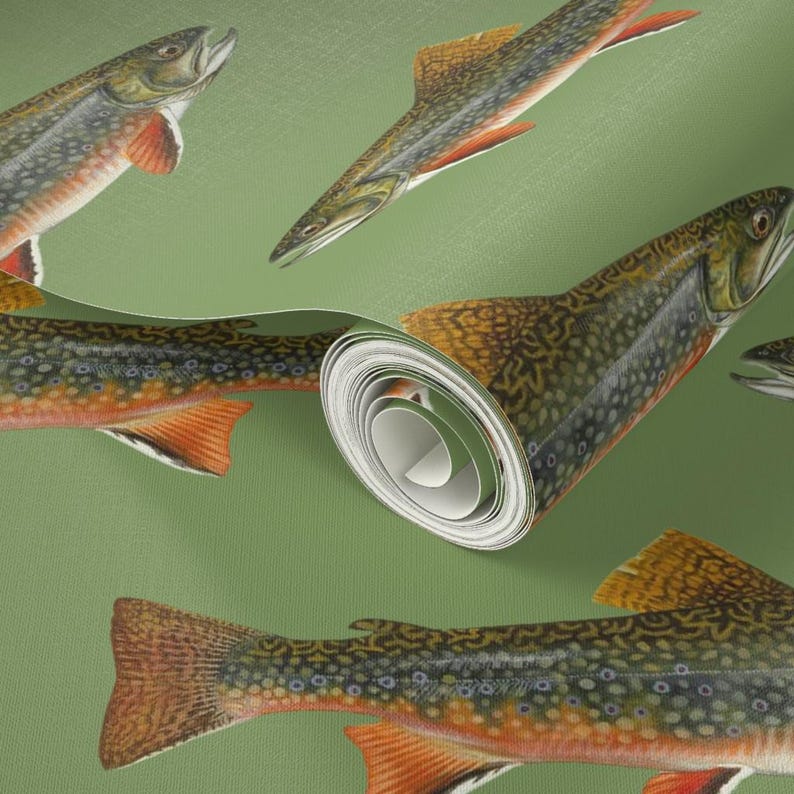 Fish Wallpaper - Brook Trout By Weavingmajor - Vintage Green Cabin Lodge Mountains Removable Self Adhesive Wallpaper Roll by Spoonflower image 3