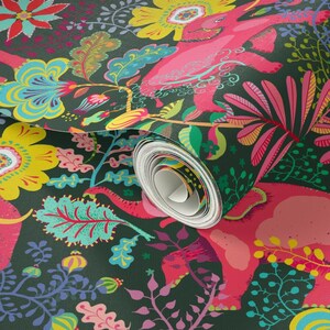 Jungle Wallpaper - Floral Jungle Elephant By Miraparadies - Bohemian Green Pink Summer Removable Self Adhesive Wallpaper Roll by Spoonflower image 3