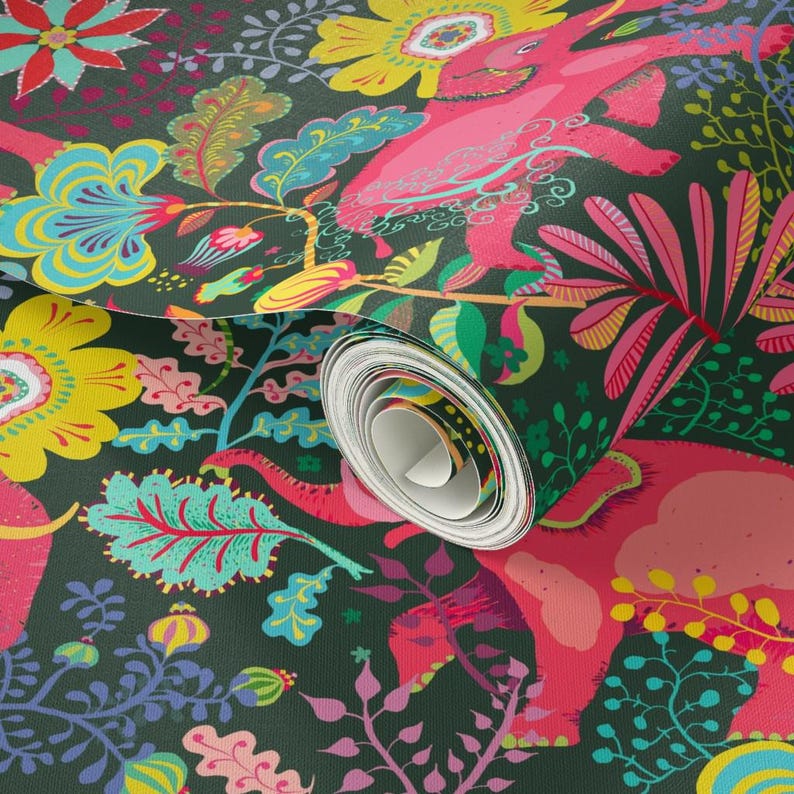 Jungle Wallpaper - Floral Jungle Elephant By Miraparadies - Bohemian Green Pink Summer Removable Self Adhesive Wallpaper Roll by Spoonflower image 3