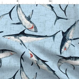 Shark Fabric - Great Whites Are Great! Sharks On A Woven Blue Background By Rebecca Reck Art - Shark Watercolor Fish Fabric With Spoonflower
