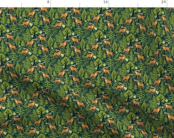 Green Woodland Landscape Deer Fabric - Deer In The Forest. Small Scale. By Magicforestory - Deer Cotton Fabric By The Yard With Spoonflower