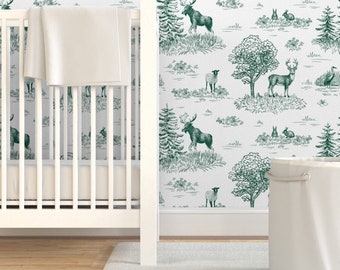 Woodland Toile Wallpaper - Animals Toile De Jouy By Sveta Aho - Green Custom Printed Removable Self Adhesive Wallpaper Roll by Spoonflower