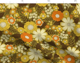 Vintage Style Fabric - 1970s Retro Floral by somecallmebeth - Boho Retro Flower Child Green Yellow Floral Fabric by the Yard by Spoonflower