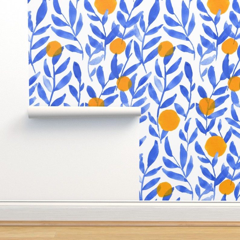 Citrus Wallpaper Modern Lemons Block By Tiffanievanscreates Blue Orange White Fruit Removable Self Adhesive Wallpaper Roll by Spoonflower image 4