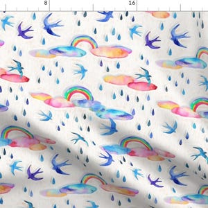 May include: A seamless pattern featuring watercolor illustrations of rainbows, clouds, raindrops, and birds. The colors are bright and cheerful, with shades of blue, pink, yellow, and green. The pattern is perfect for fabric, wallpaper, or other creative projects.