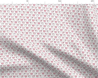 May include: A white fabric with a repeating pattern of pink and white cat faces with floral accents. The cat faces are outlined in gray.
