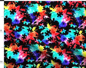 Puzzle Fabric - Rainbow Watercolor Splatter W/ Puzzle Piece Black By Littlearrowdesign -Cotton Fabric By The Yard With Spoonflower