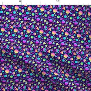 May include: A seamless pattern featuring a variety of geometric shapes in a vibrant colour palette. The pattern includes circles, triangles, and squiggly lines in shades of pink, blue, yellow, and green on a dark purple background.
