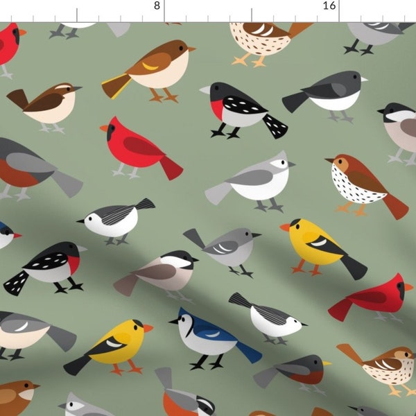 Birds Fabric - Busy Bird Feeder by shinyhappyworld - Cardinal Finch Robin Sparrow Blue Jay Goldfinch Green Fabric by the Yard by Spoonflower