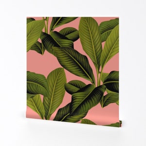 Banana Leaves On Pink Wallpaper - Palm In Palm By Peacoquettedesigns - Custom Printed Removable Self Adhesive Wallpaper Roll by Spoonflower