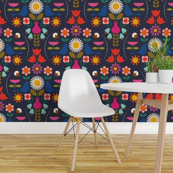 Flower Wallpaper - Scandinavian Primavera By Katerhees - Navy Colorful Floral Geo Removable Self Adhesive Wallpaper Roll by Spoonflower