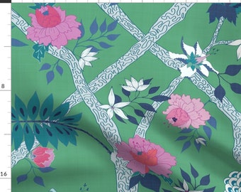 Green Chinoiserie Fabric - Green Peony Branch by danika_herrick - Blue Pink Flowers Floral Peonies Peony Fabric by the Yard by Spoonflower