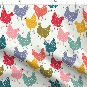 Chicken Fabric - Free Range Rainbow Chickens by jen_sheppard_designs - Birds Farm Barnyard Hens Polka Dots Fabric by the Yard by Spoonflower