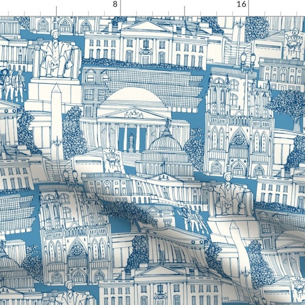 Washington Cityscape Fabric - Washington Dc Toile Blue by scrummy - Landscape Buildings Architecture Fabric by the Yard by Spoonflower