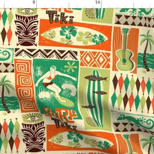 May include: A colorful, retro-style fabric design featuring a repeating pattern of tiki idols, surfboards, palm trees, and the words "Surf Tiki". The design is in shades of orange, green, brown, and white.