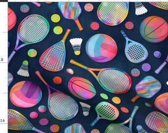 Colorful Sports Fabric - Court Sports Rainbow by adenaj - Watercolor Tennis Court Sport Rackets Balls Fabric by the Yard by Spoonflower