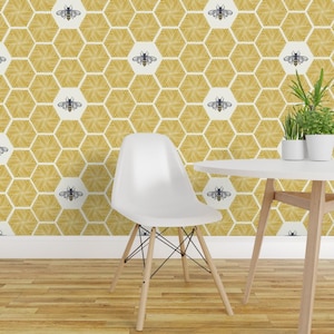 Honeycomb Peel and Stick Wallpaper - Honey Bees Modern Farmhouse - Removable Wall Decor Art - Bees And Honeycomb Gold by fernlesliestudio