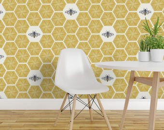 Honeycomb Peel and Stick Wallpaper - Honey Bees Modern Farmhouse - Removable Wall Decor Art - Bees And Honeycomb Gold by fernlesliestudio