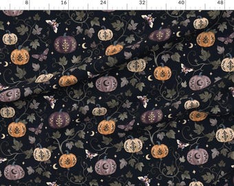 Halloween Extra Wide Sateen Fabric Autumnal Witchy Gothic Black Vines Leaves Fabric By The Yard Whimsigoth Pumpkin Garden by adenaj