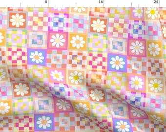 Pastel Checkerboard Fabric - Flower Power by artatnavitas - 70s Florals Picnic Quilt Squares Retro Girly Fabric by the Yard by Spoonflower