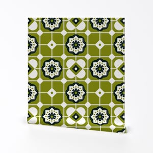 Green Retro Geo Removable Peel and Stick Wallpaper - Vintage Green Retro Geometric - Wall Art Wall Decor - Mid Century Tiles by simplulina