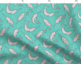 Narwhal Fabric - Narwhal Grey On Green Mint By Caja Design - Baby Boy Nautical Ocean Narwhal Cotton Fabric By The Yard With Spoonflower