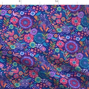 Bright Floral Cats Fabric - Flowers, Felines And Pheasants By Janetbroxon - Kittens Royal Purple Cotton Fabric By The Yard With Spoonflower
