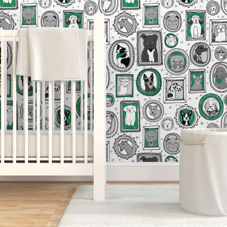 Hondenbehang - Hondenportretten van Andrea Lauren - Groenwitte honden op maat bedrukte verwijderbare zelfklevende behangrol van Spoonflower afbeelding 6