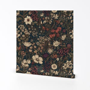Moody Floral Removable Peel and Stick Wallpaper - Autumn Fall Vintage Botanical - Wall Art Wall Decor - Dark Moody Floral by allymadethis