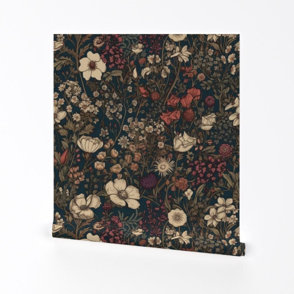 Moody Floral Removable Peel and Stick Wallpaper - Autumn Fall Vintage Botanical - Wall Art Wall Decor - Dark Moody Floral by allymadethis