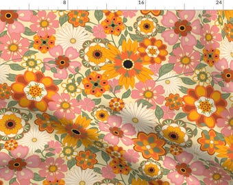 May include: A retro floral pattern featuring pink, orange, and yellow flowers on a cream background. The design is perfect for fabric, wallpaper, or other home decor projects.