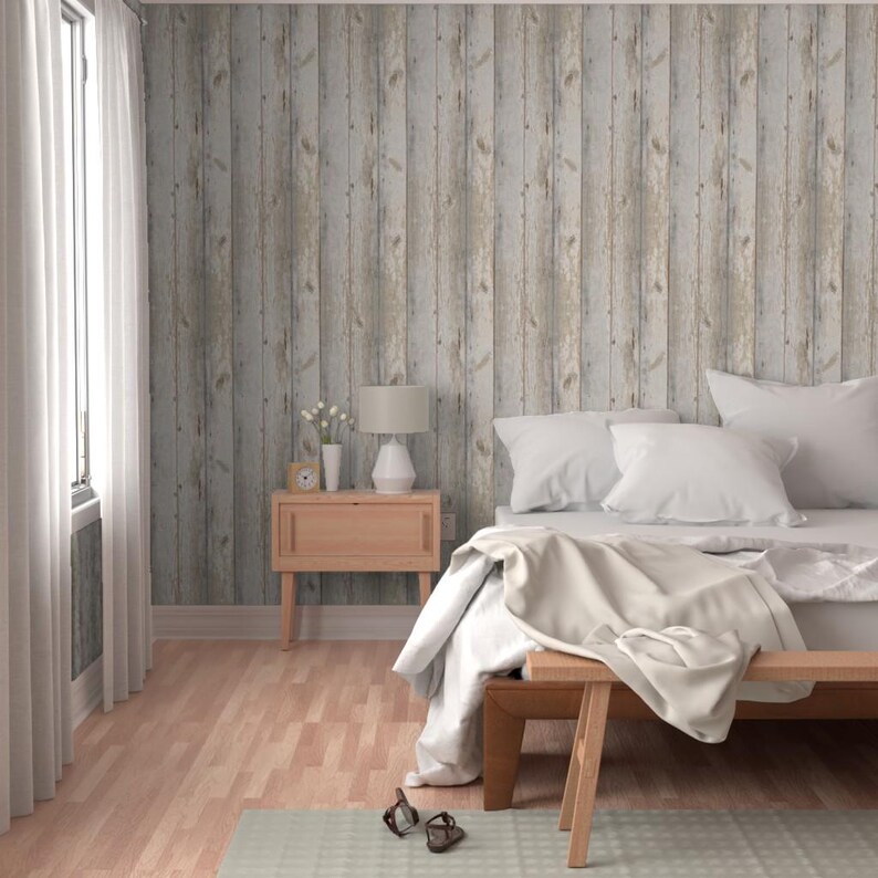 Papel pintado autoadhesivo con diseño de tablones de madera - Estilo costero neutro - Decoración de pared removible - Tablones de madera blanqueada de willowlanetextiles imagen 5