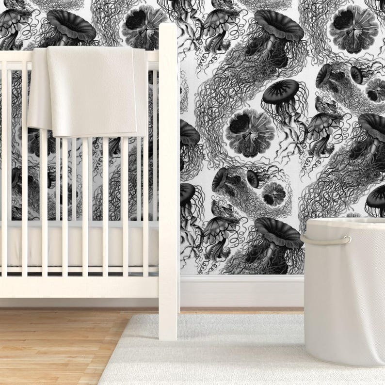 Sea Wallpaper - Jellyfish ~ Black White Swarm By Peacoquettedesigns - Custom Printed Removable Self Adhesive Wallpaper Roll by Spoonflower image 6