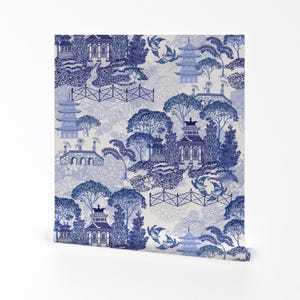 Chinoiserie Removable Peel and Stick Wallpaper - Blue White Pagoda Antique Indigo Garden - Wall Art Wall Decor - Willow Chintz by hnldesigns