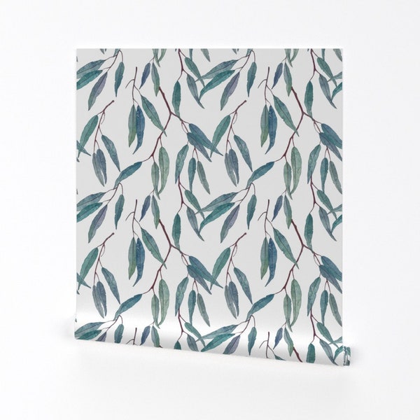 Eucalyptus Wallpaper - Eucalyptus Leaves Scale By Lavish Season - Blue Custom Printed Removable Self Adhesive Wallpaper Roll by Spoonflower