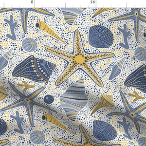 Mustard Navy Shells Fabric - Seashells  by julia_gosteva - Nautical Seashells Starfish Ocean Beach Decor Fabric by the Yard by Spoonflower
