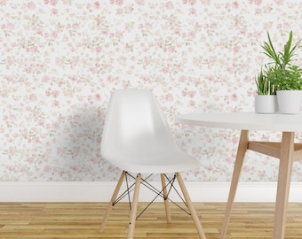 Pink Peel and Stick Wallpaper -  Blush Flowers Floral Pink Roses Wedding Aged Sun Faded - Removable Wall Decor Art - June Roses by lilyoake