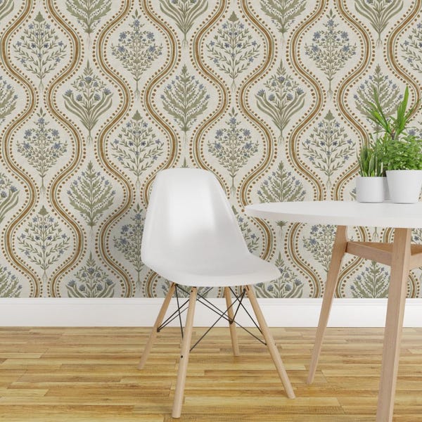 Tapeta samoprzylepna Botanical Damask – Wildflowers Neutral Cottage – Zdejmowana dekoracja ścienna – Duża Monticello autorstwa danika_herrick